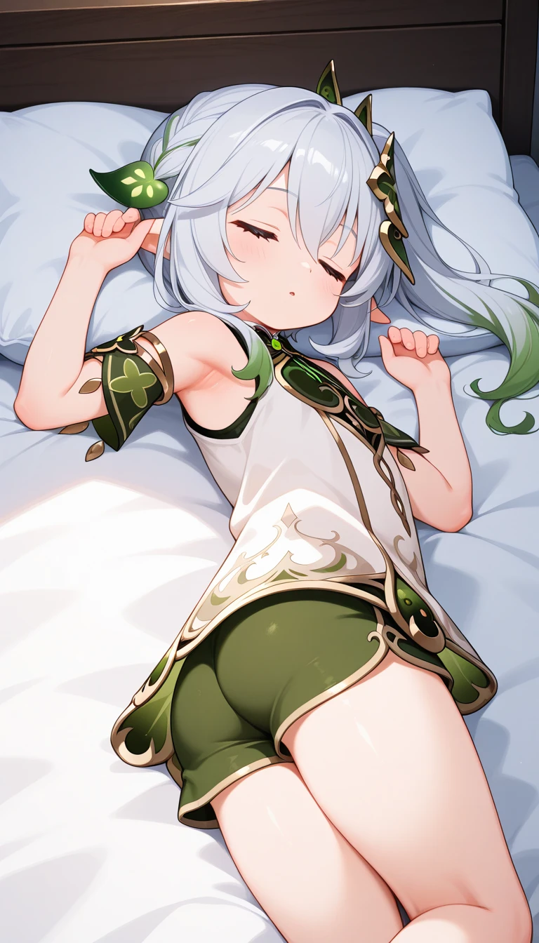 1girl
nahida \(genshin impact\)
bare legs, blush, from above, hair between eyes, halo, hands behind head, raising hands, indoors, looking at viewer, looking up, necklace, off shoulder, on bed, front view,
newest, pillow, bare shoulders, horny, window, between legs, closed mouth, wariza, bed, solo, depth of field, blurry background, no clothes, bare torso, nipples visible, small breasts, pussy visible, straddling, sex,
absurdres, highres,