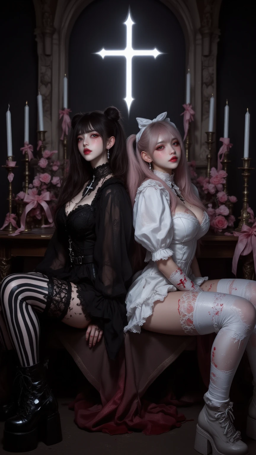 A close-up of two women with long black hair wearing black and white dresses, jennie pink black, popular korean makeup, South Korean popular makeup, Young adorable korean face, beautiful south korean woman, Gongbi, Beautiful young Korean woman, korean face features, Beautiful young Korean woman, lee ji - eun, lee ji-eun, heonhwa choe, asian features, Blackpink Jennie