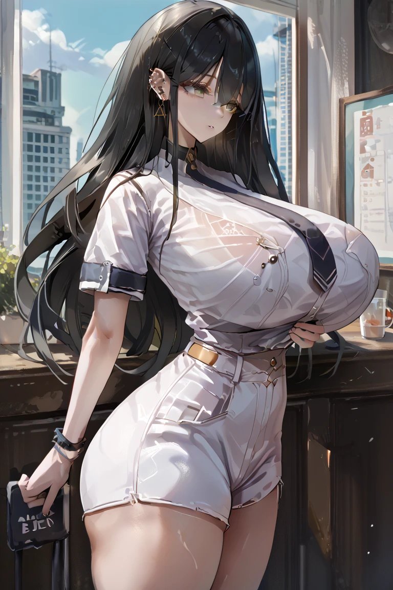(masterpiece, Highest quality),Healthy Body, Big Breasts, Wavy side tail hair, (((Park in the background))),((Open white shirt,Distressed Micro Denim Pants))、((Big Tits、Underbust))
