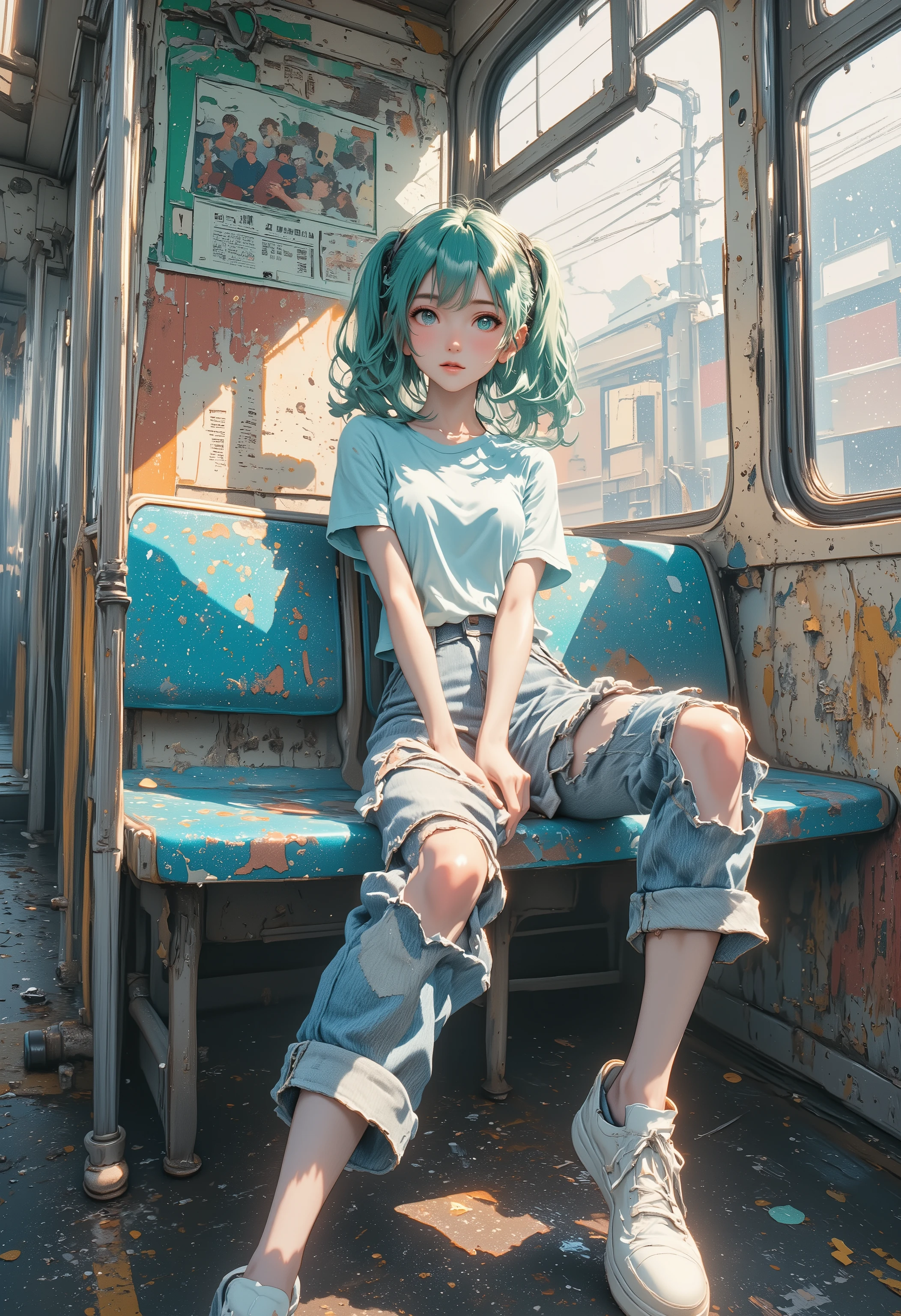 "Hatsune Miku in casual clothes (light blue t-shirt + ripped jeans) sitting on worn subway seat, peeling paint on carriage walls with rusted handrails. Morning light through rain-streaked windows casts soft shadows on her face, hair slightly flowing. Background shows tired commuters and faded subway map. Film grain texture, desaturated sepia tones, detailed fabric wrinkles and metal corrosion, motion blur from moving train"
