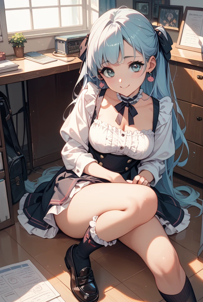 (Prominence in Masterpiece, Best Quality: 1.2), solo, 1 girl,aqua, serious, mouth closed, looking at viewer, hand on face, sitting, legs crossed, collared shirt, tie up, skirt, stockings , big thighs, big breasts,blue hair)