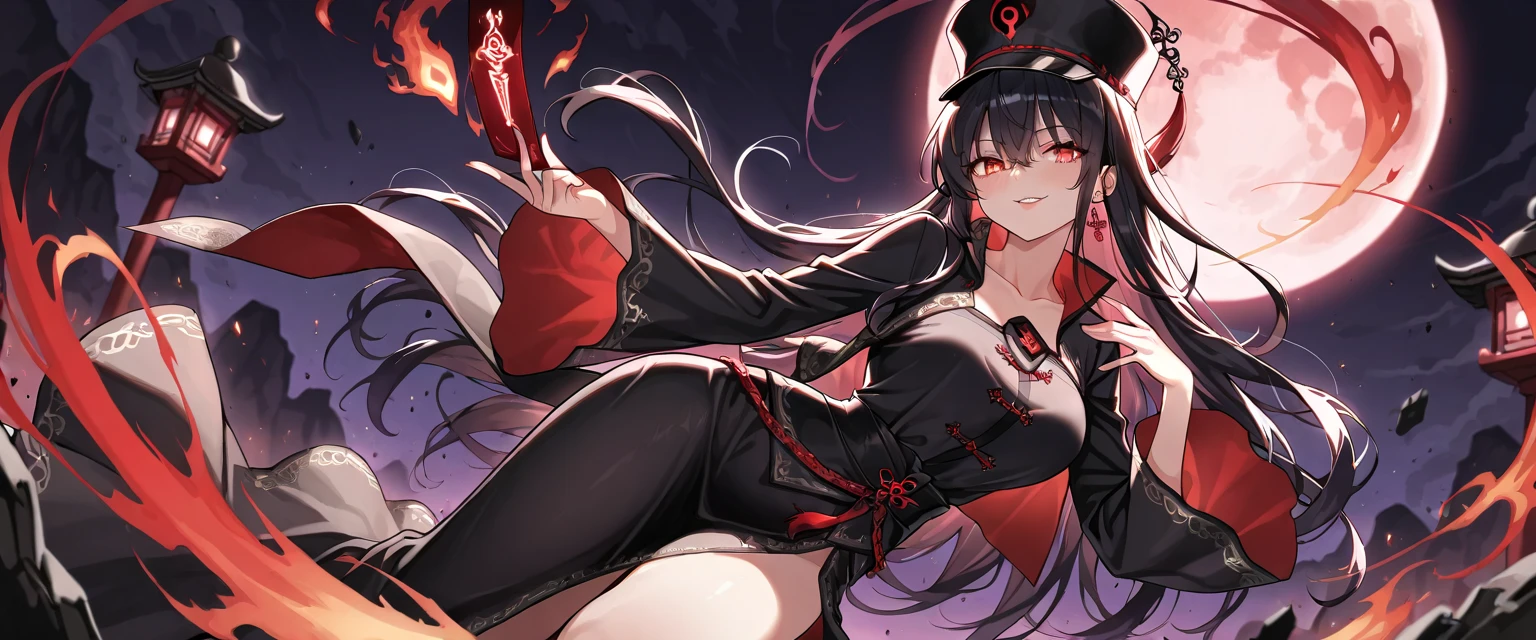 Black long hair girl cute blushing smile kawaii face wearing nekomata witch hat black and red kimono have black staff with red crystal shards