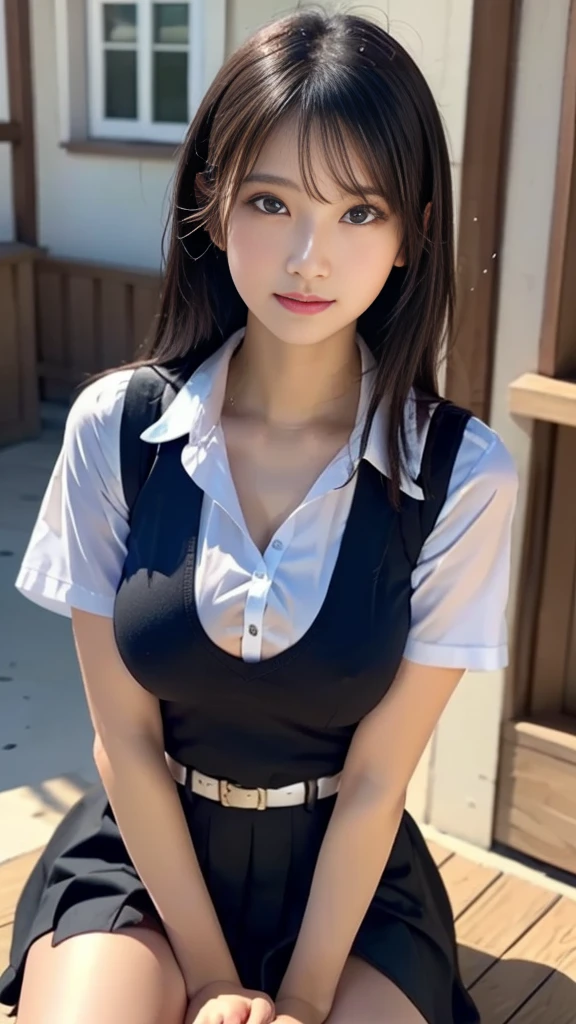 （（Browsing Caution））（masterpiece）（Highest quality）（Very detailed）1 female，17 years old，Japanese，155cm，high school student　Black Hair,short hair,Short Ponytail,(school uniform,short sleeve shirt:1.5)  (small breasts,cleabage:1.3),(see-through nipples),(white Silk Lingerie Set) whole body sitting on a chair 3d
