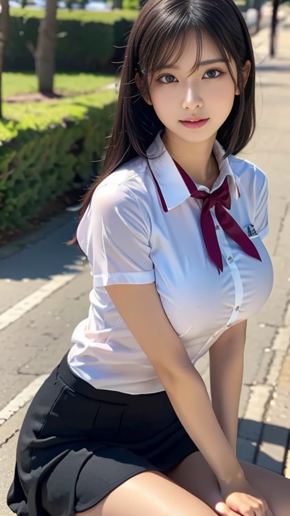 Raw photo、Ultra-realistic、Ultra detailed face、Detail lips、Detailed eyes、High school girl smiling showing her teeth、Long Hair:1.1、chest、Visible curves、Laughing with your mouth open 、Tokyo city角、 Whole body、( Slender body)、(Long Hair)、Big Breasts、Idol、(pastel colour)、18-year-old、Small face、Braid、 Tokyo city、Long beautiful legs 1.2、Curved waist、flower、uniform