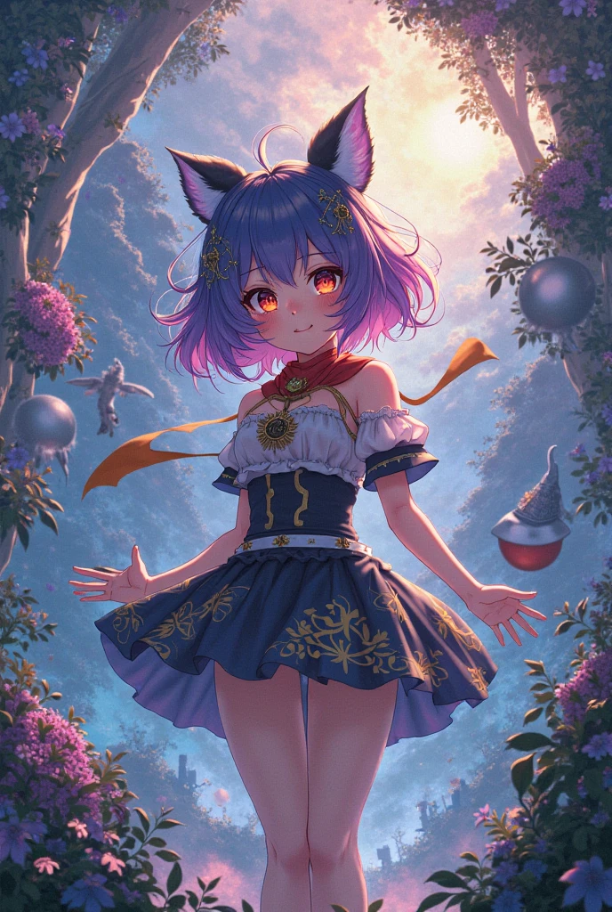 Aoi_Fukayuki、1 girl in、anime styled、fullllbody、(blue hairs)、(shorth hair)、A smile、red tide、Iridescent dresses、flowerfield background、hightquality、best qualtiy、emphasizing thighs、to stand、PAW Pose、