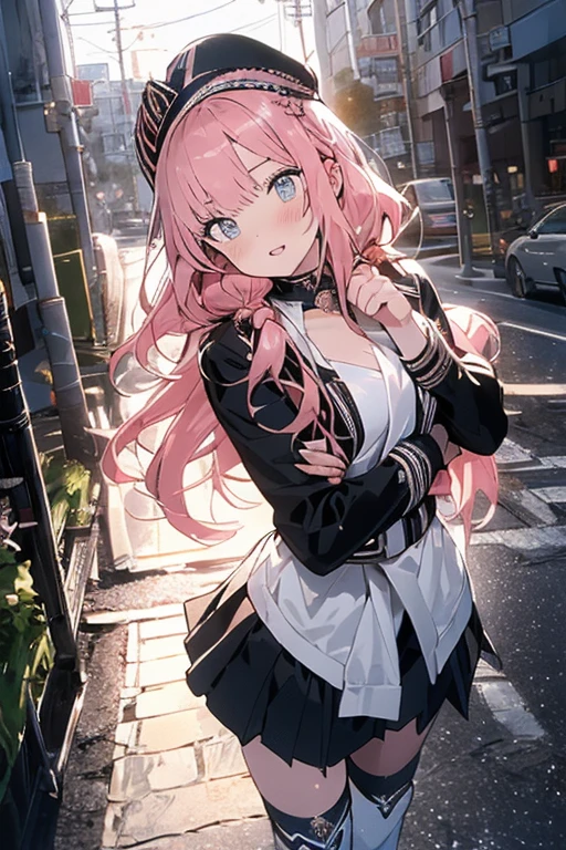 score_9、score_8_up、score_7_up、source_アニメ、chikafujiwara、、Fujiwara Chika、Long Hair、bangs、blue eyes、ribbon、Pink Hair、ヘアribbon、鈍いbangs、黒いribbon、Large Breasts、、、レターマンJacket、Jacket、、Outdoor、crowd、people々、in、目の上にin、One eye closed、Stick your tongue out、smile、Beanie、pants、Open clothes、はだけたJacket、、Cowboy Shot、solo、Staring at the audience、Dutch Angle、