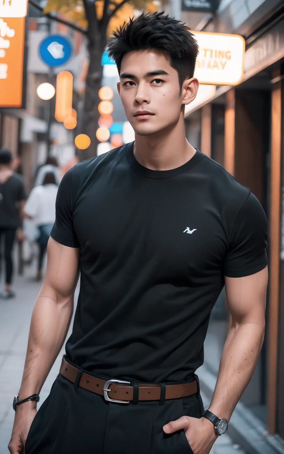 Thai man ,man，He is about 30 years old..，Rough and handsome appearance，large breastsj，Big waistline，buzz cut, angry, sullen, best quality, Masterpiece，（Have muscles：4.5），(best quality,high resolution,Masterpiece:1.2),The eyes are natural and delicate..,1 person,alone,gay asian,muscle,Long legs,brave,short hair details,conjunctivitis ,strong,brown eyes, (outdoor background road :1.5)，in the market，sit (dark blue t-shirt:1.3),Jeans