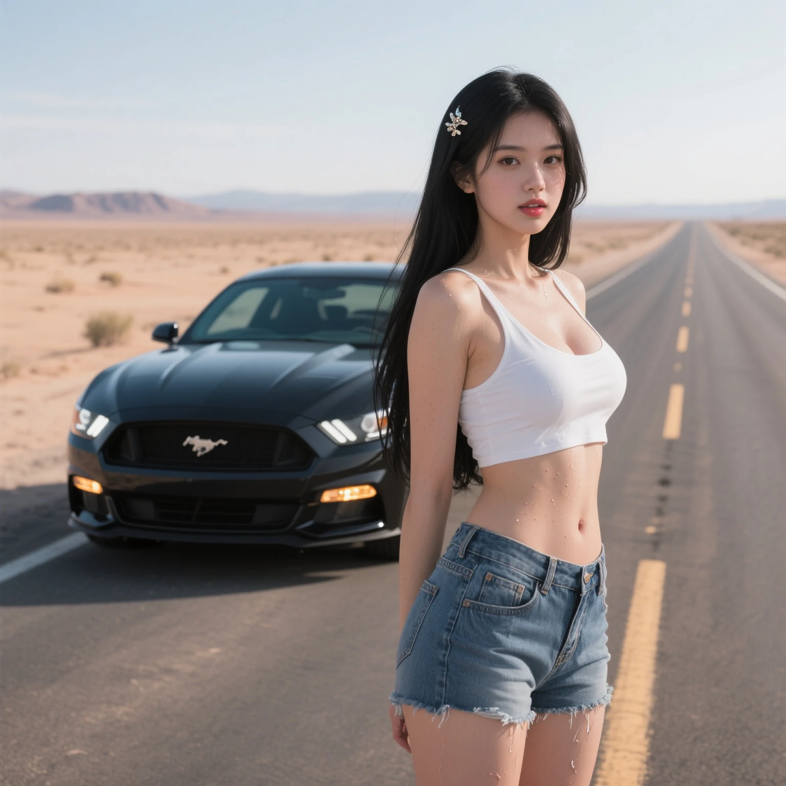 A young woman of twenty-five years old, leaning against a Dodge Charger car, looking at the horizon, black hair, tied in a long braid, almond-shaped eyes, green pupils, pale skin, slightly torn body, left arm wrapped in bands of cotton, light muscular body, wearing a black leather jacket, black jeans, white shirt, a city at night in the background, full body image, full illustration, 4k, sharp focus, watercolor, soft and smooth skin, symmetrical, soft lighting , detailed face, concept art, Octane rendering, 3D, perfect face, detailed face, delicate face, perfect sharp lips, detailed eyes. Craig Davison, Aubrey Beardsley, Conrad Roset, Aikut