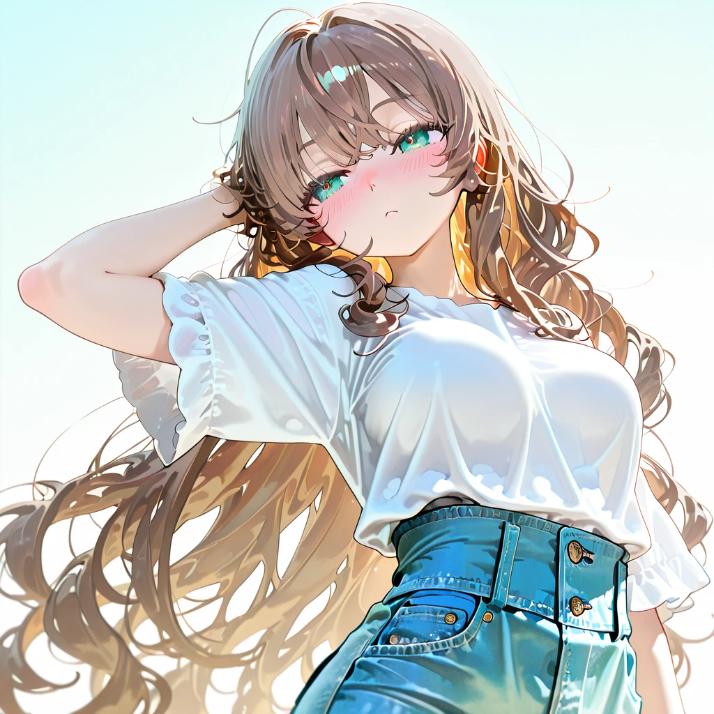 1girl, solo, long hair, ((shaggy hair)), Black-rimmed glasses, nose blush, Panic look, freckles, pale skin, Worried brow, (Bubble mouth), Looking up, pov, pov hands, He is holding her hand, (Oversized T-shirt), (One of her shirts has slipped), exposing her bra straps, The hustle and bustle of the city,