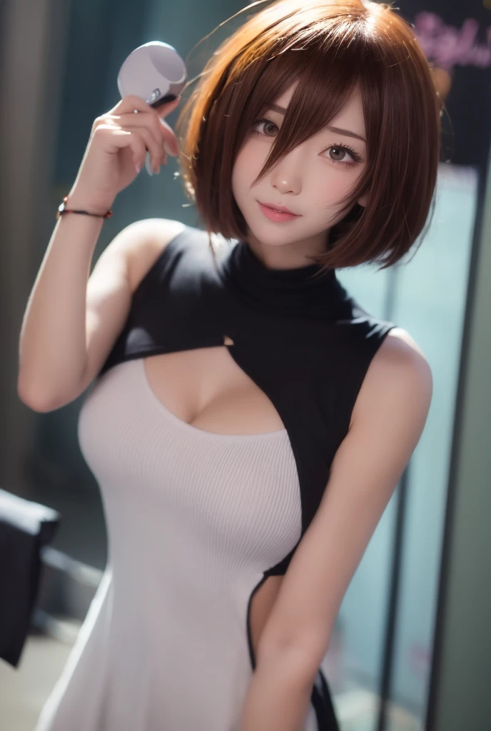 (masterpiece:1.3), (8k, photorealistic, RAW photo, best quality: 1.4), (1girl), beautiful face, (realistic face), (black hair, short hair:1.3), beautiful hairstyle, realistic eyes, beautiful detailed eyes, (realistic skin), beautiful skin, (sweater), absurdres, attractive, ultra high res, ultra realistic, highly detailed, golden ratio