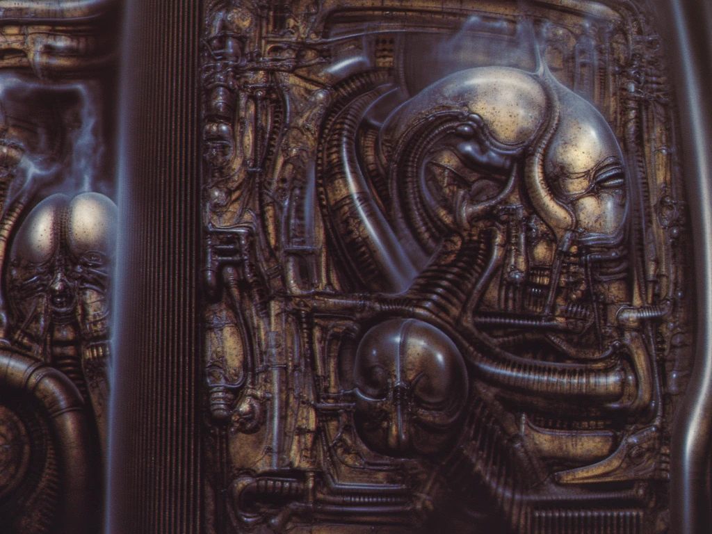 xgiger, The image is a detailed view of H.R. Giger's biomechanical tableau \" Necronom  V\" plate, featuring
 a stylized digital artwork featuring a close-up of a robotic face with a mouth open, set against a backdrop of industrial machinery., that appears to be a fusion of organic and mechanical elements, with a focus on the interplay between the two.The piece is a tableau, most likely created with a India ink pen or pencil on paper, determined by the thin lines, shading techniques, and the texture of the paper, which is visible around the edges.
Used is pen, given the shading and variations in line weight visible in the image. Artist have used a variety of stylus with different degrees of hardness to achieve the shading effects.
 The use of undersaturated green-grays dark contrasts creates a stark and graphic look. Is used a variety of linework techniques to create different textures. Fine, parallel lines create a smooth, metallic texture,while thicker, more cursive lines suggest cables or wires.
Light source from the top highlights skeletals, pper part of foreground, lower part of image is in shadowupper part of foreground, lower part of image is in shadow.
The art performance showcases the artist’s skills in observation and rendering. The level of detail in the piece suggests a close study of real bone specimens and mechanics. The artist has skillfully used shading techniques to create a convincing illusion of three-dimensionality on a flat surface. The wrinkles and cracks in the surface, and the cast shadows with accuracy, used shading techniques to create a realistic depiction of light and shadow on the objects. This creates a sense of depth and dimension in the image. The artist has used careful linework to depict the contours and textures in the piece
Sharp focus on foreground elements illustration. Deep and delicate DOF. Big painting. Stored in Louvre masterpiece, ooze soaked pajama top
