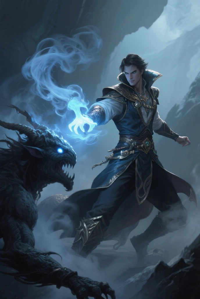 Close-up of a man holding a lamp in a dark room, a boy summoner, and his summoned beast, the summoned beast is the sacred beast of the mountain and sea scripture, koi, realistic fantasy illustration, wizard casting, fantasy art Behance, Jeff Easley and Ross Tran, fantasy card game art, drawn in arcane style, light wizard, drawn by Pablo Muñoz Gomez