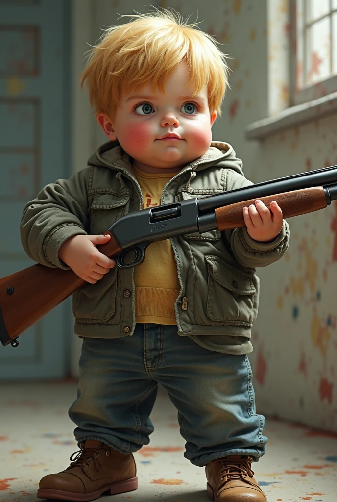 A man Who have Gun and he is a baby And he wear his big brother Clothes
