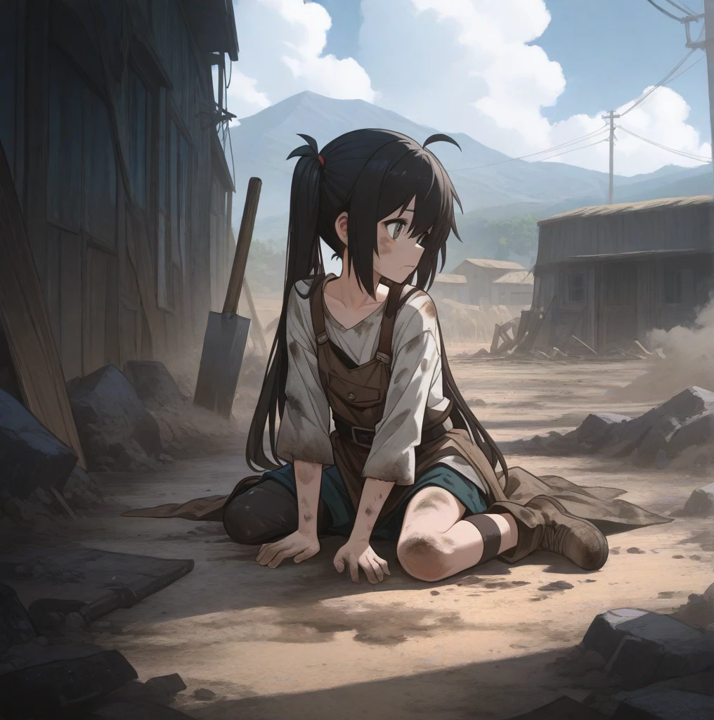 Images with a Latin manga-like touch, Images of slums, （（Image showing an adult woman leaning against something））, A look of despair, masterpiece, High resolution, Masterpiece