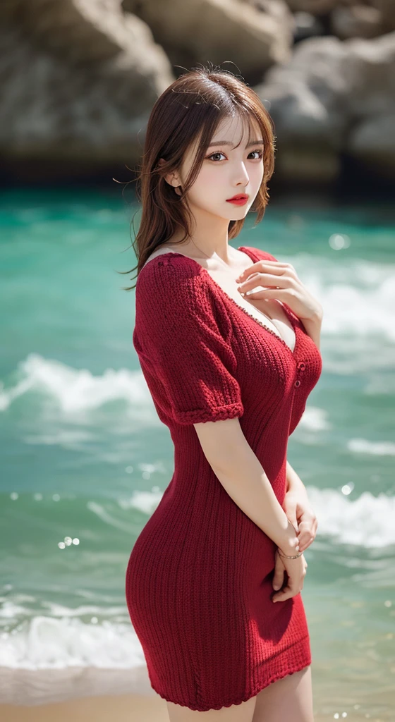 ((Highest quality, 8k, masterpiece :1.3)), (Sharp focus :1.2, Beautiful woman with perfect figure :1.4, Slim Abs :1.2), ((Big Breasts, Emphasize cleavage:1.3)), (Photorealistic:1.4), (realistic:1.4), (Long Hair, Light brown hair:1.5), Highly detailed face and skin texture, Fine grain, double eyelid. Makeup face, A little bit of lipstick, sex appeal, Sexy gravure pose, ((Red halter top dress。On a private beach、Sexy sitting with legs stretched out on the sand。 :1.3)
