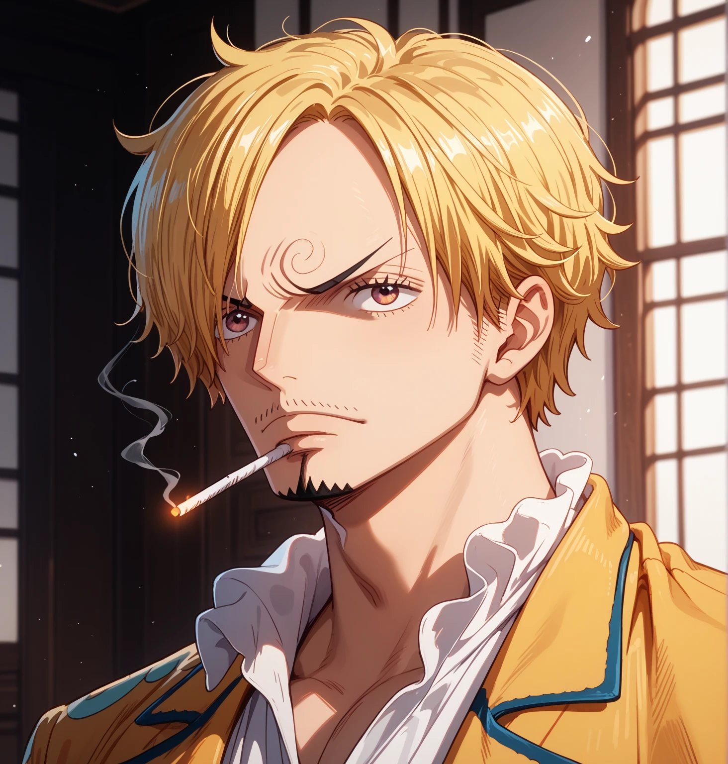 ONE PIECE,male,Vinsmoke Sanji portrait,Precise Portraits,with fine details(My trademark swirling eyebrows,The eyebrow swirls at the left end of the eyebrow：1.3)hold a lit cigarette in my mouth,full shot,standing