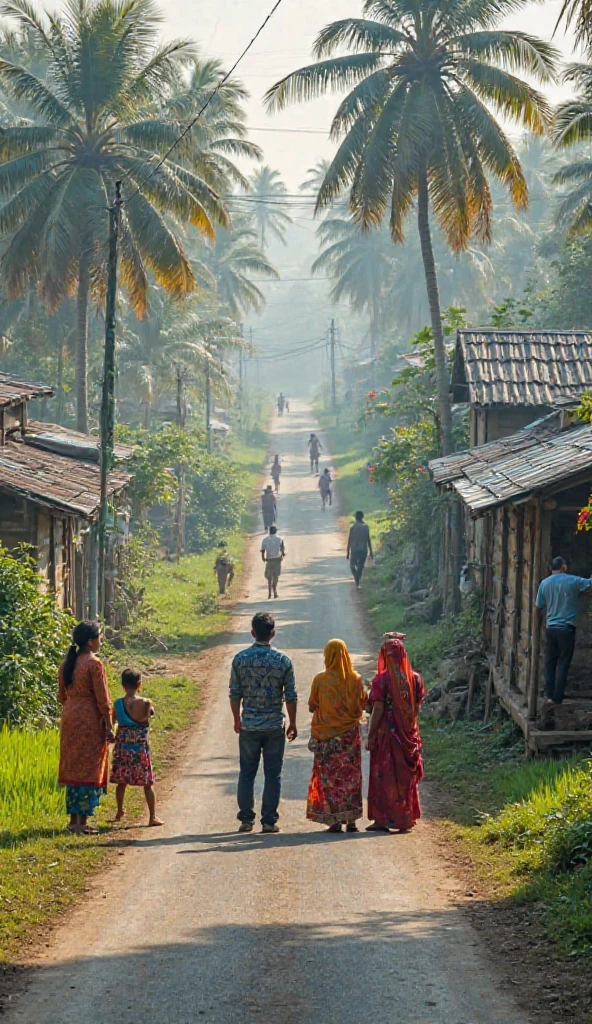 realistic photo, drone camera, you can see an Indonesian man, sitting alone behind a tree, you can see a gathering of residents, the atmosphere in an Indonesian village, 