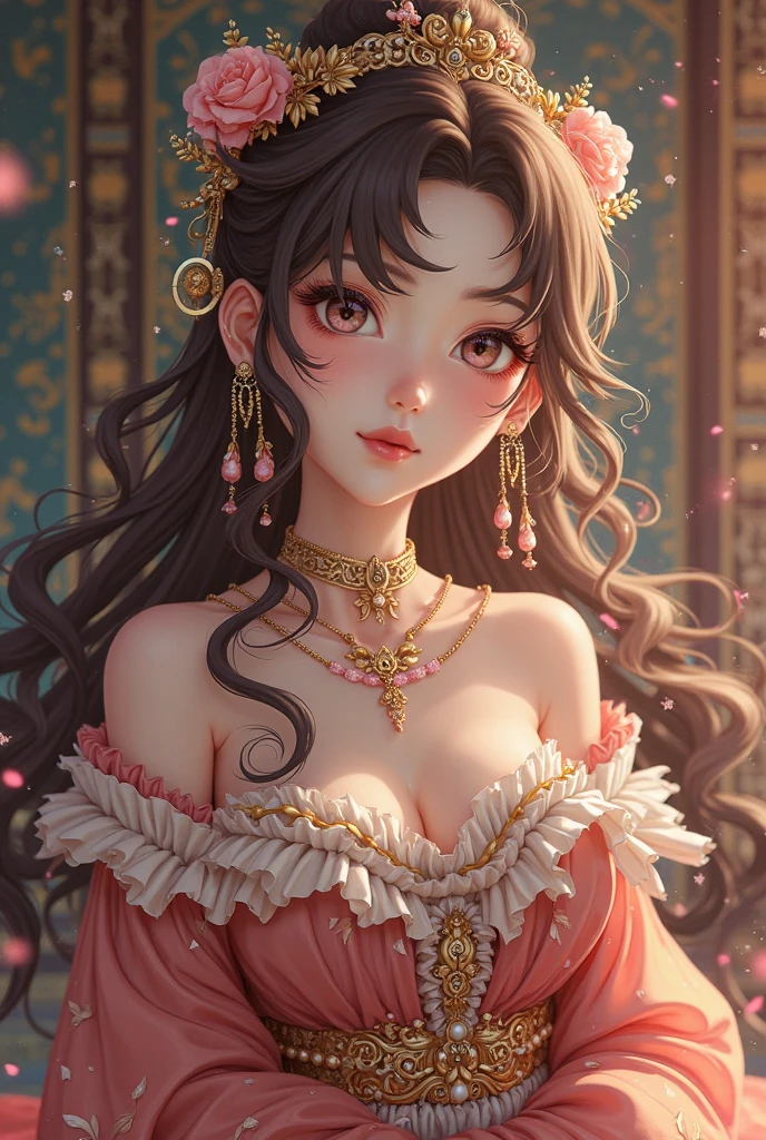 (1girl:1.000), (backlighting:0.676), (blurry:0.574), (blurry_background:0.602), (breasts:0.963), (cleavage:0.867), (earrings:0.947), (flower:0.685), (hair_ornament:0.817), (jewelry:0.967), (long_hair:0.934), (medium_breasts:0.857), (realistic:0.587), (solo:0.970), (upper_body:0.704), (window:0.817)