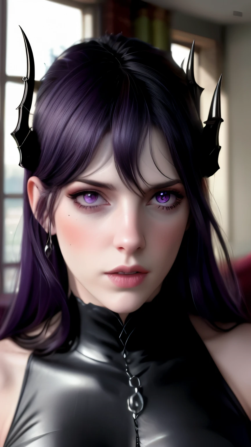 On girl, realistic,masterpiece, high quality, caera denoirs, in her full dress, purple hair, scarlet eyes