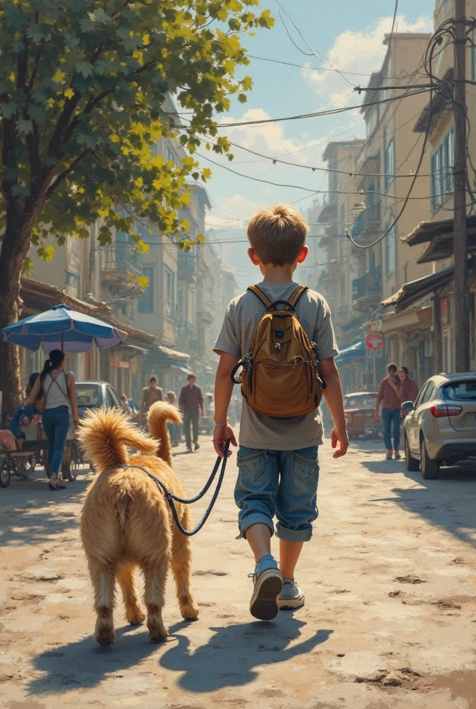 A boy with,TINTIN HEAD,Round nose head,Apricot white shirt,Khaki suspenders,Big black scalp shoes,A Schnauzer dog followed,Take a leisurely stroll through the crowded streets,The street is close to a calm river