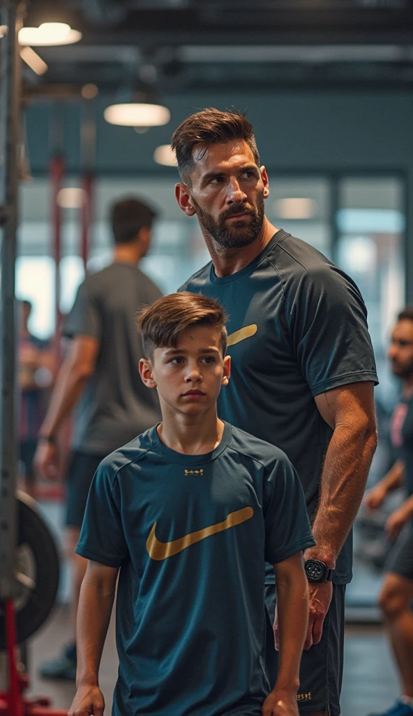 Wholesome realistic art. Dad and 5-year old son playing soccer outside with reavealing bulging uniform. Short grass and muscular dad body. Clear sky and skinny lean boy body. Sweaty and tan skin.