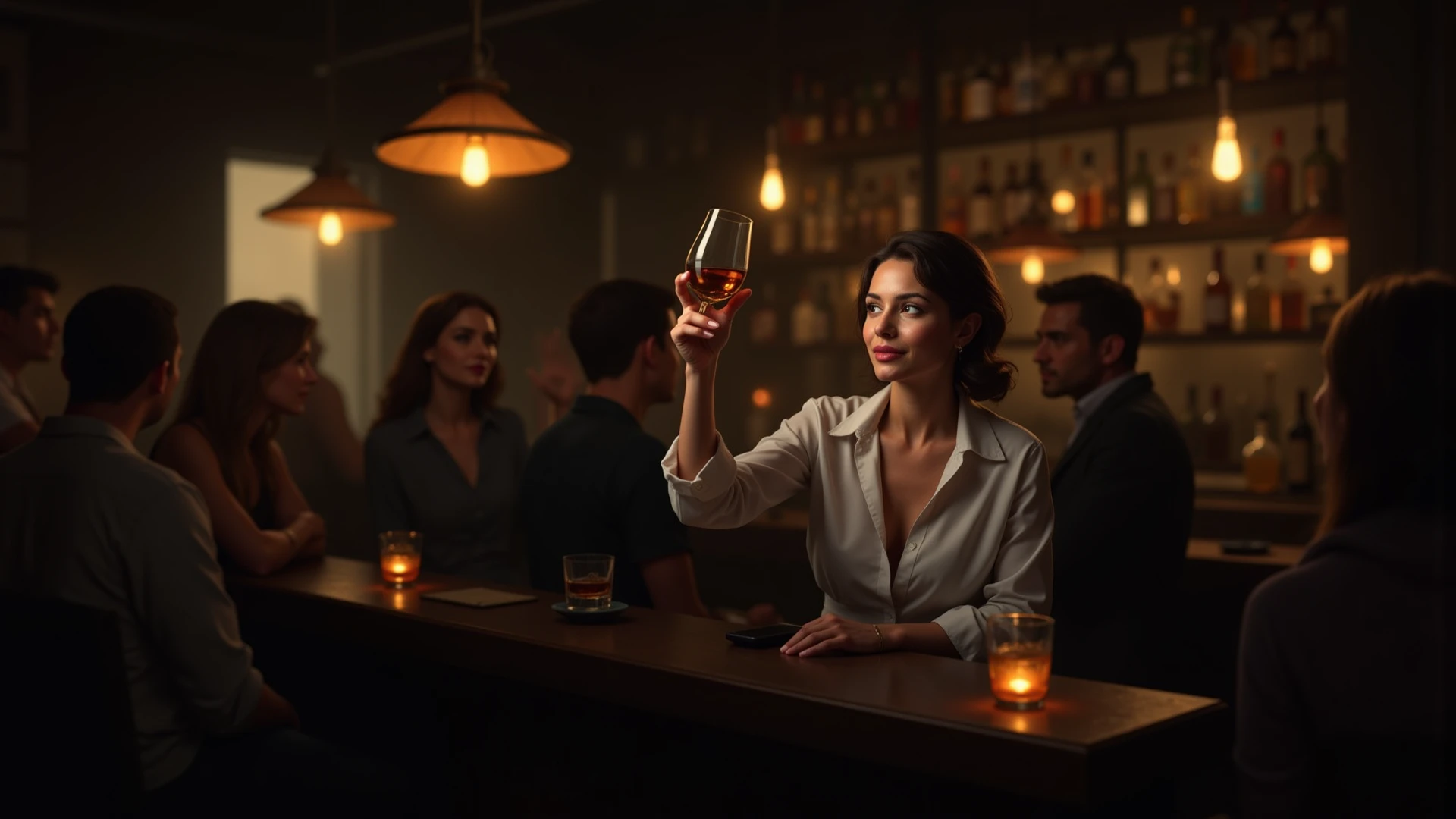 (Far distance camera angle),Very beautiful woman at the clubs drinking a glass of whiskey, smiling, perfect lightings, smokey rooms, so many man and girls dancing and loughting, depth of field, first-person view, f/1.8, 135mm, Nikon, UHD, retina, masterpiece, ccurate, anatomically correct, textured skin, super detail, high details, high quality, best quality, highres, 1080P, HD, 4K, 8k