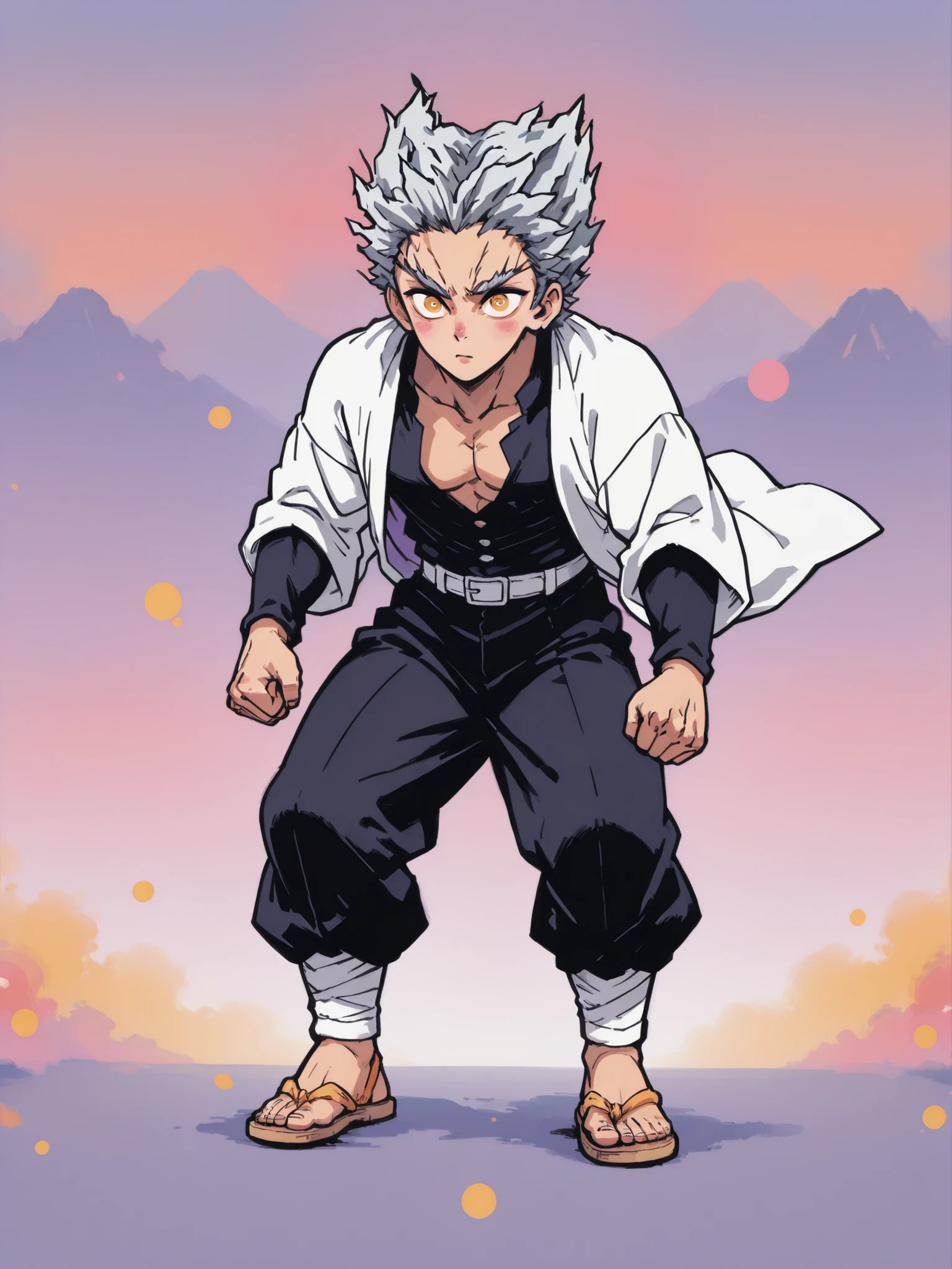colorful back background with silver hair and yellow eyes based on a Demon Slayer illustration, gay, One Punch Man[garou], Full body illustration, Referring to the Demon Slayer illustration