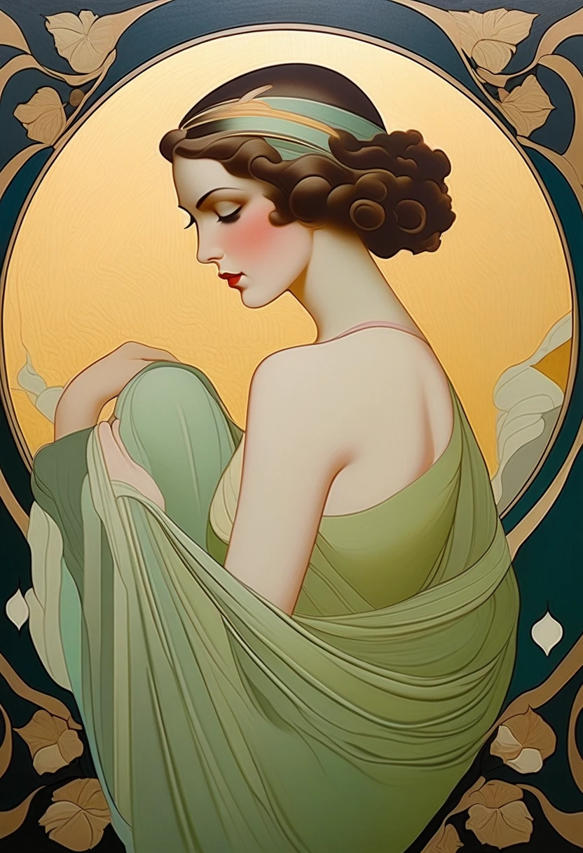 ((masterpiece)), (best quality), (ish),  Art Nouveau watercolor painting , moon goddess  , Big breasts，robe，thong，Show your neck，bare shoulders，Show belly button，camel toe exposed，big eyes, long, thick eyelashes, plump lips, dark red eyes, hair long and thick,  high ponytail, chubby, flowery_background, Intricate designs and patterns in the style of Alphonse Mucha.from behind