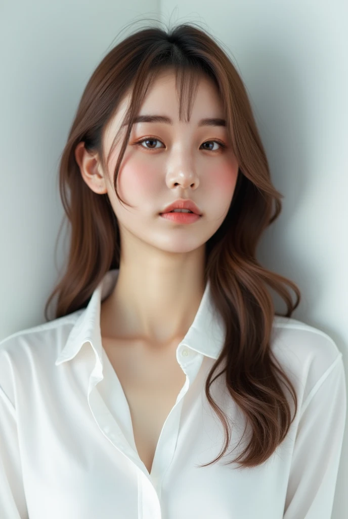 A beautiful girl wearing a white shirt that shows off her great charms. Her hair is long and covers her chest. Optimism fills her features.