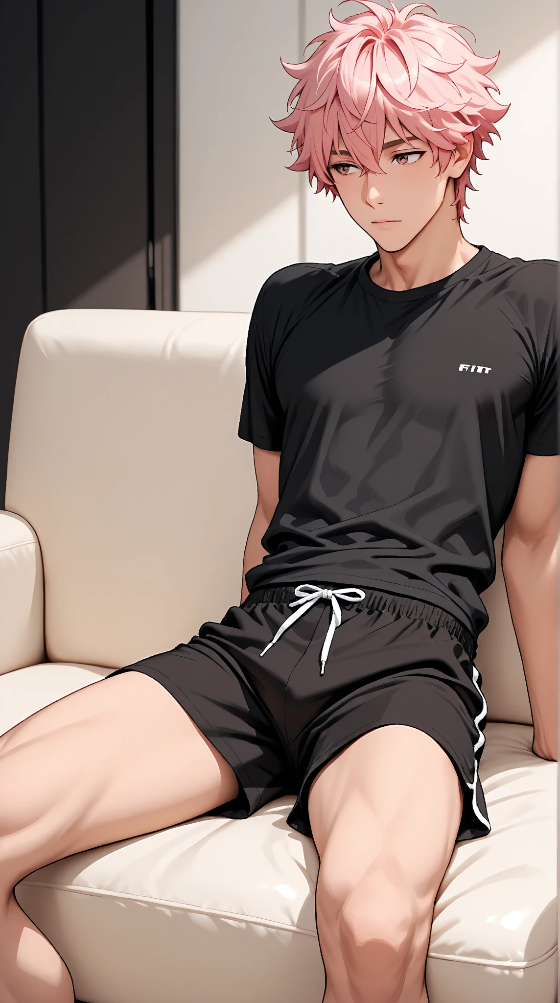 Japanese men、15 years old、Well-developed muscles and smooth skin、Pale blonde hair, spiky like Bakugou、Thin boxer briefs with stripes、A full body shot from toes to head、Masculine pose、Hero Academy、Open your mouth and smile boldly、with a large sofa set