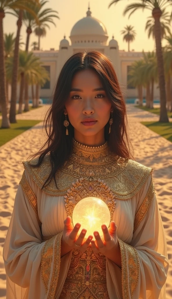 Image of a gypsy holding a gold coin with a sun and moon forming a gradient