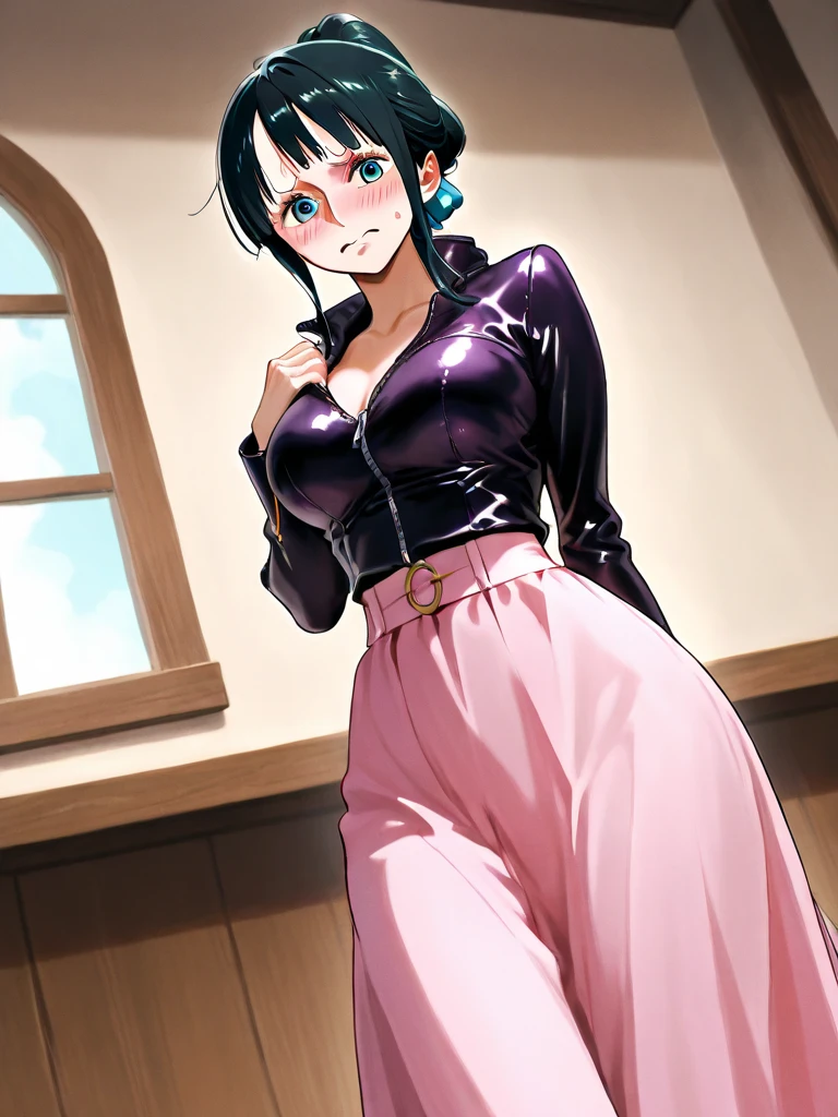 masterpiece, 1 girl, alone, long hair, Braid, looking at the viewer, big breasts, mature woman, blush, smile, black hair, lilac eyes, pink bed, mature woman, bare shoulders,black latex gloves,black skirt,off shoulder latex,pencil latex skirt,latex pink shirt,latex off-shoulder shirt