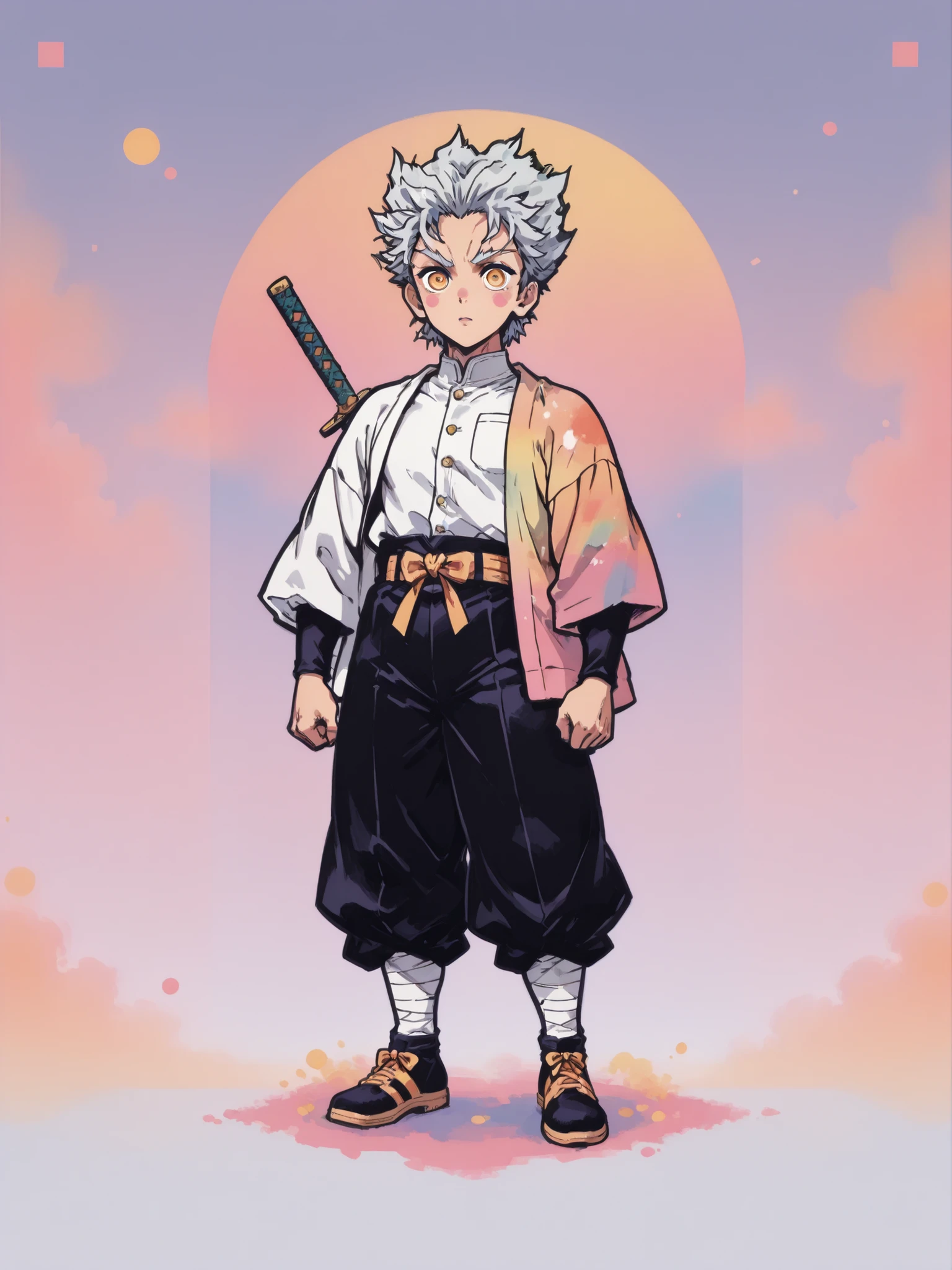 colorful back background with silver hair and yellow eyes based on a Demon Slayer illustration, gay, One Punch Man[garou], Full body illustration, Referring to the Demon Slayer illustration