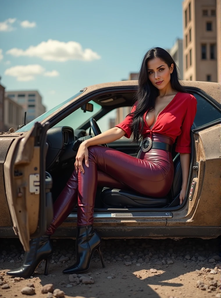 1girl, (realistic),(hyperrealism),(best quality),(masterpiece),(ultra high res),(photorealistic),idol,eye makeup,detailed eyes,detailed face, claireredfield2, brown hair, (red jacket:1.2), ponytail,,  red wristband,,  abandoned street, burning cars in background, littered street, smoke, chaos, zombie apocalypse, daytime, sunny,,  looking at viewer, smiling, closeup shot,,  sexy pose, seductive, flirting, sexy lingerie, sexy stockings, lingerie suspenders