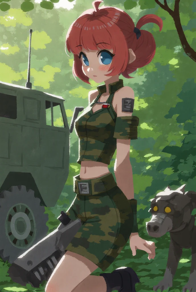 1woman 20 years old, max resolution, sculpted, military, wearing a soldier helmet, beautiful, perfect body, red hair, blue eyes, perfect body, thin waist, wide hips, large breasts, slim thighs, jungle background, armored vehicle, military robot dog, camouflaged uniform, tight panties, camo, two-piece, highly detailed, high resolution, perfect hands, side view, camo, face fully turned to the side to look at the viewer, turn her head to look at the viewer, genuflection kneeling, one knee on ground, one knee up, bare shoulders