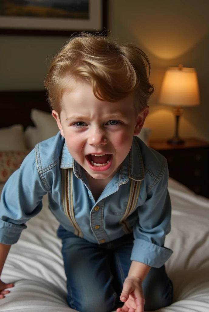 Realistic drawing of a  baby, blond hair, green eyes, crying, with his pants full of urine, with his right hand on his mouth, in his dark house at night 