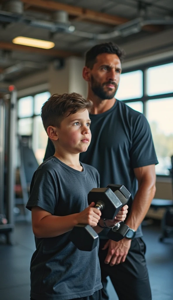 Here’s a detailed prompt for generating the image:

"A realistic, high-quality advertising-style image of a father and his young son at a modern gym. The father, a muscular man in his late 30s, is showing his son, who is about 6 years old, how to properly lift a small dumbbell. The gym is well-lit with natural light pouring through large windows, reflecting off polished equipment. The father is wearing a sleeveless athletic shirt and shorts, while the son is dressed in a miniature version of athletic wear. Both are smiling, showcasing the bond between them and the importance of fitness from a young age. The background includes other gym equipment like treadmills and weight machines, but the focus is on the father and son interaction."