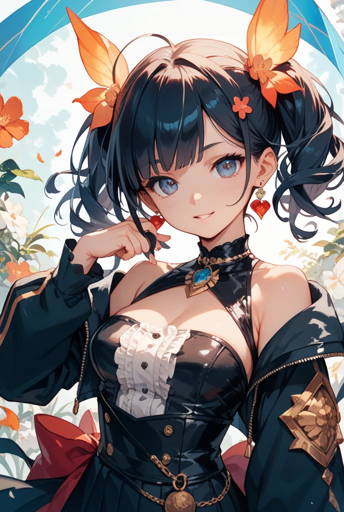 a 20 yo woman、Blackberry Hair、long twintail、Big smile、cleavage of the breast、Thighs at a glance、fishnet tights、Long cheongsam with long purple ankles on open chest、(hi-top fade:1.3)、dark themed、Muted Tones、Subdued Color、highly contrast、(natural skin textures、Hyper-Realism、Soft light、sharp) (masutepiece, of the highest quality, Best Quality, Official art, Beautiful and aesthetic: 1.2), (1girl in: 1.3), Very detailed, (Fractal Art: 1.1), (Color: 1.1) (Flowers: 1.3), (By Yuko Higuchi:1.4), Yuko Higuchi,(by Yow:1.2),(linear art),Line drawing,Pen drawing,Zentangle,(Tattoo patterns:1.2),(complex lines),(masutepiece),(Best Quality:1.1), (Ultra-detailed),Best Illustration,finely detail,hand-drawn high quality,High contrast,(Clean lines:1.3),ligne claire,(Portrait),(very closeup:1.1),1 girl,Solo,The girl is surrounded by red flowers,(Intricate details:1.3),(Detailed background:1.2),(coloured background:1.1),sketch,Intricate details,High resolution