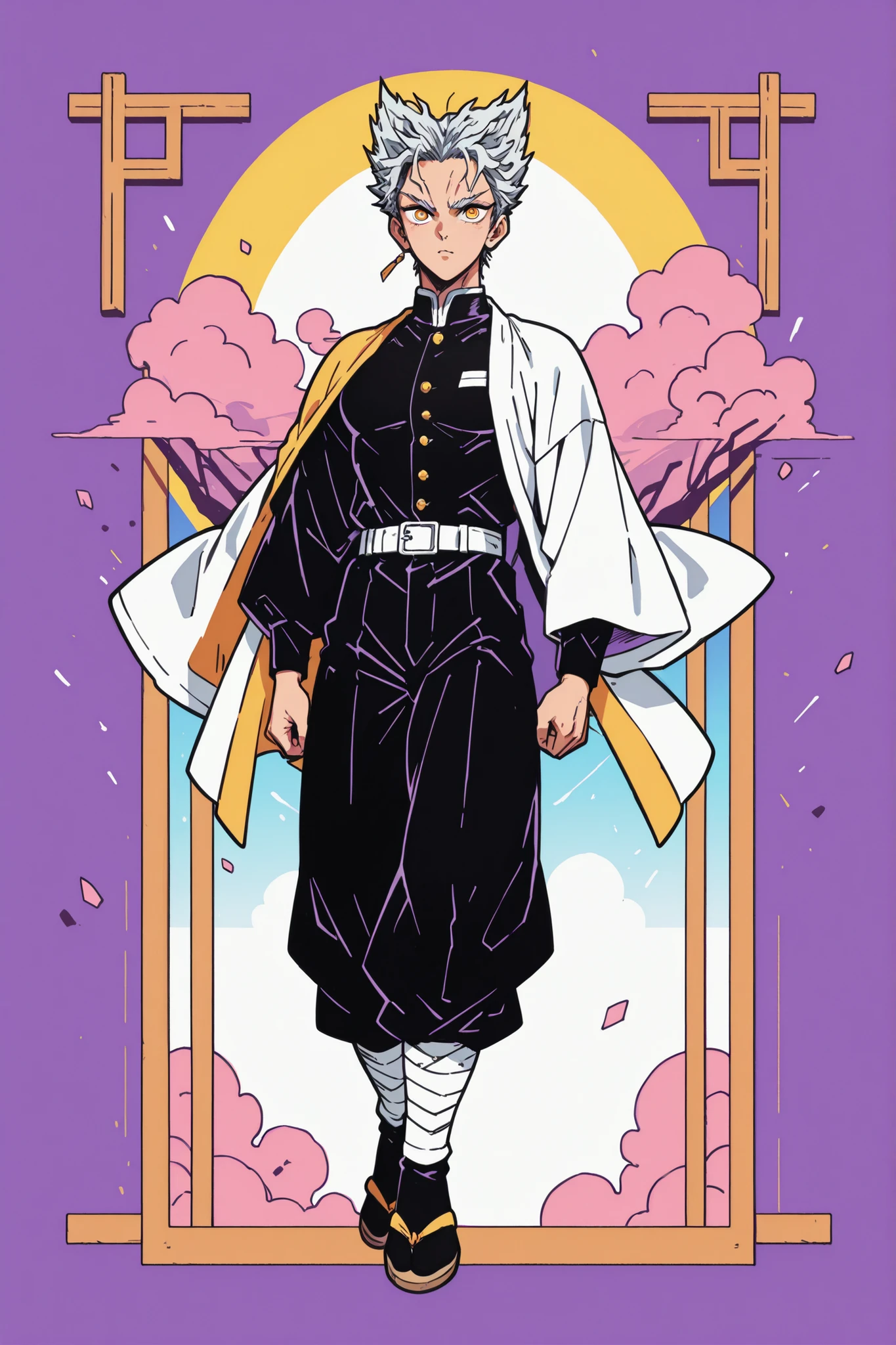 colorful back background with silver hair and yellow eyes, gay, One Punch Man[garou], Full body illustration, Referring to the Demon Slayer illustration