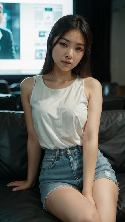 Large bust、 ((White lace T-shirt)), Gazing at the audience、((White shorts))、Sit with your legs wide apart、((Sexy young woman's body:1.4)),Spread your legs out to the side、