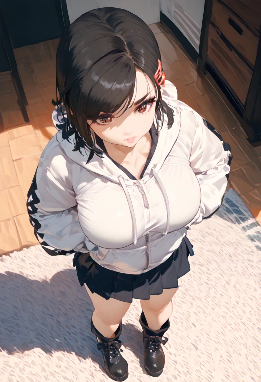 masterpiece, Highest quality, 1 person,(  Are standing, View your viewers),Detailed Background、A person who writes in detail、Accurate human body、Knowledgeable person、Accurate 5 fingers, (woman,large breasts,Curvy ,body,alone, short hair, black hair ,Oversized hoodie),((zettai ryouiki)),pussy juice,slave collar