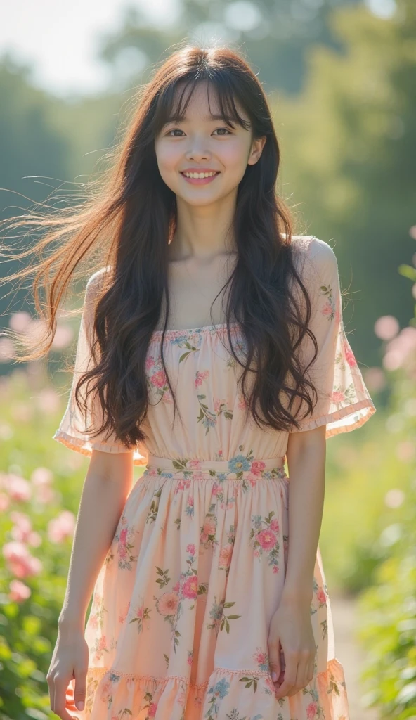(dreamy and soft), (warm and vibrant), (beautiful girl:1.2), lush garden, blooms in full swing, charming smile, flowing hair, vibrant clothing, bokeh, backlit, shallow depth of field.