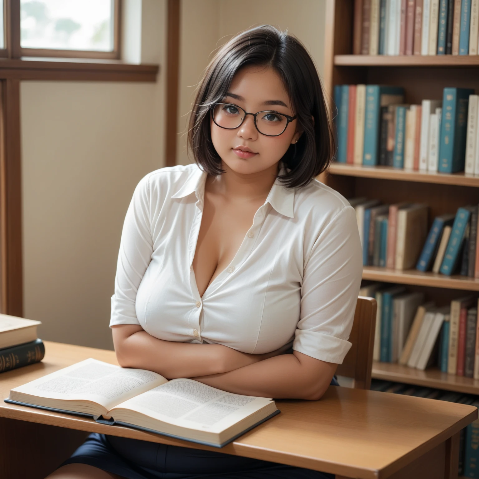 ((beautiful indian college Lecturer woman)), 45 Years old, Middle age woman, name mira filzah brown eye, wearing nerd eyewear,tudung muslim,modernbaju kurung look rich,, unbuttoned baju Kurung, calm,confident,happy, realistic beautiful Curvy body, sexy hourglass body, White Skin Body, (photo, photorealistic:1.37), (ultrahigh-res), half body, walking pose, hyper detailed POV, by lee jeffries, nikon d850, film stock photograph ,4 kodak portra 400 ,camera f1.6 lens ,rich colors ,hyper realistic ,lifelike texture, dramatic lighting , cinestill 800, (huge breasts 1.3), cleavage, different poses, different angle, different context,front view ,background library room,books in the hand,sexy,cleavage, big breasts,lean forward, leg spred,saggy breast, library outfit 