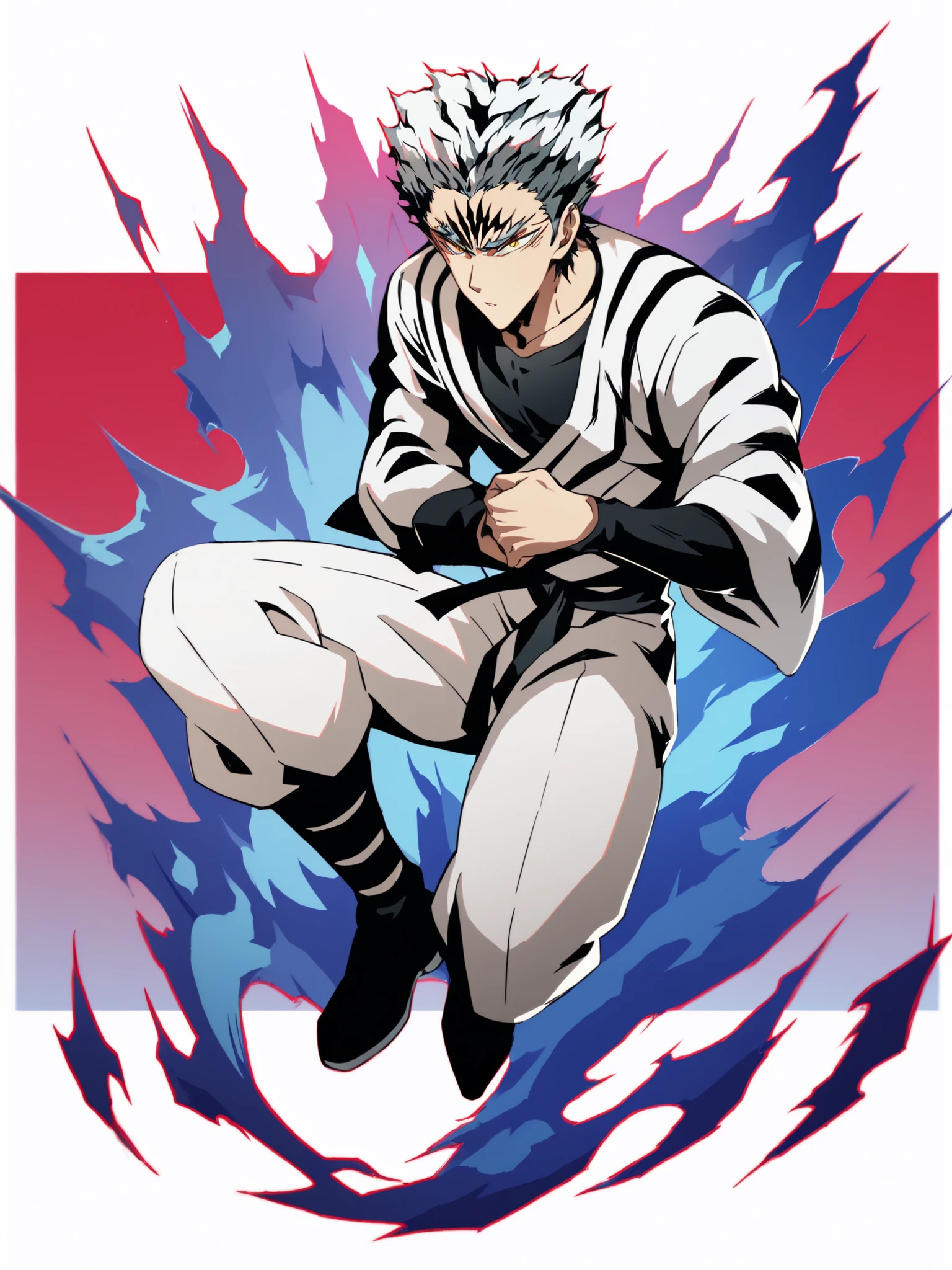 colorful back background with silver hair and yellow eyes based on a Demon Slayer illustration, gay, One Punch Man[garou], Full body illustration, Referring to the Demon Slayer illustration. white uniform pants. black neck polar