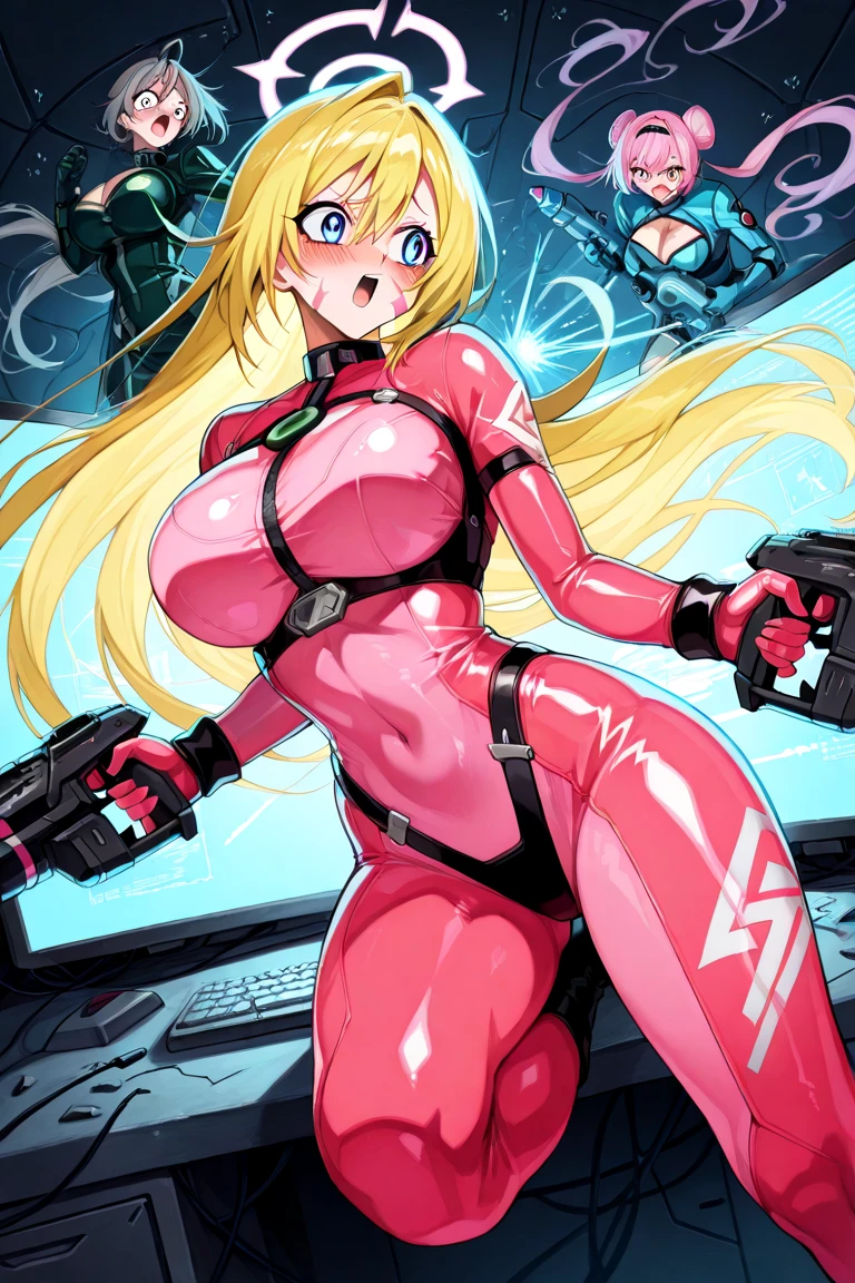 1woman, Kokawa_Asuka, smile, night sky, cyberpunk, city, (collapsed building, battlefield, holding weapon:1.3)
(pink_bodysuit:1.2), (long_hair, huge_breasts:1.1),
(masterpiece, high quality, best quality, 4k, 8K, 16K, highres, absurdres:1.2),
<lora:KokawaAsuka_v1:0.9>
brown_hair, blue_eyes, hime_cut, blunt_bangs, gloves, choker, large_breasts,