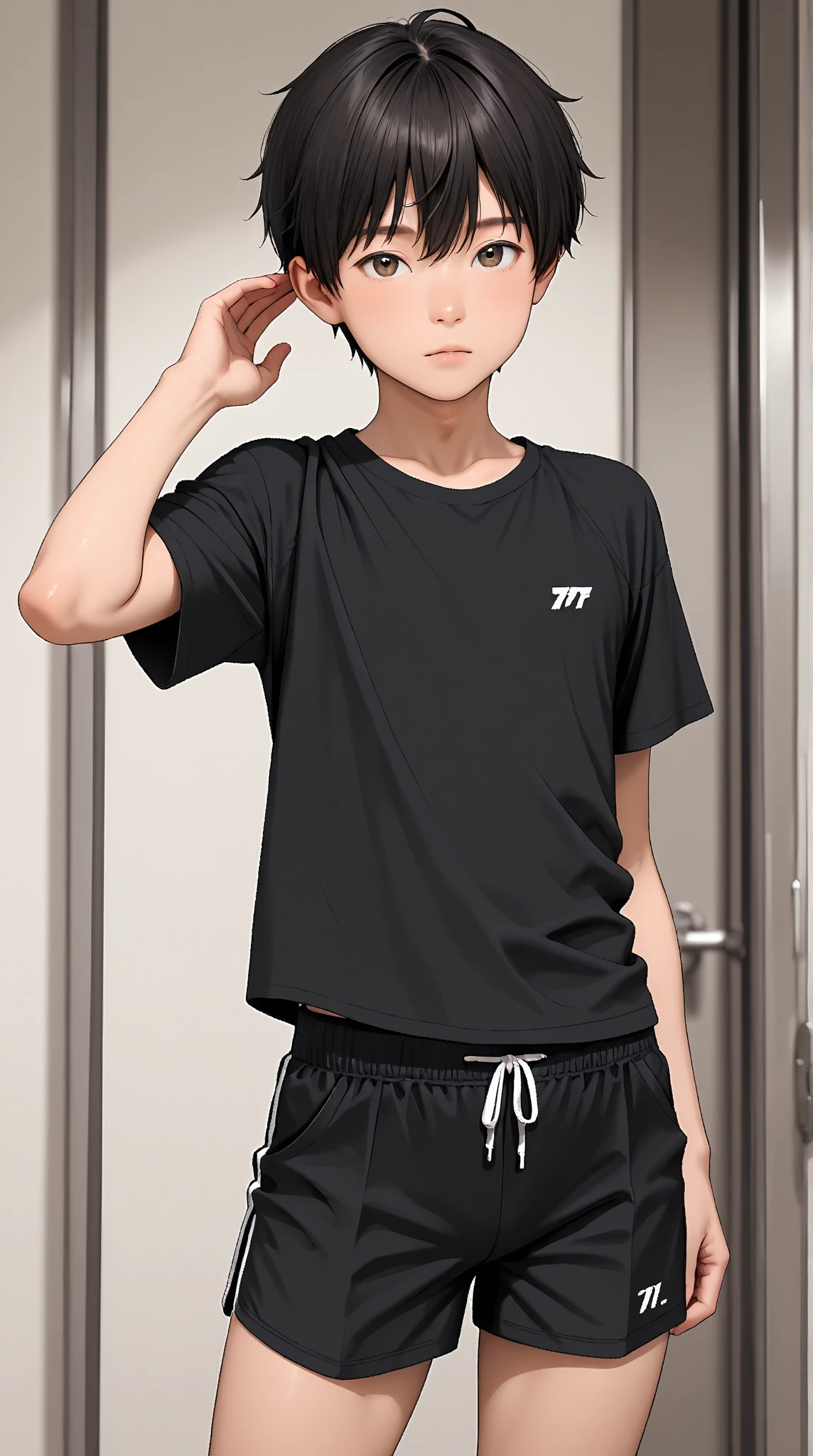 1 male high school student, athletic festival, gymnastics uniform, sporty man, not muscular, short dark hair handsome caucasian male, wearing blue gym shorts, smiling, white shirt, standing on grind,Viewed from diagonally above