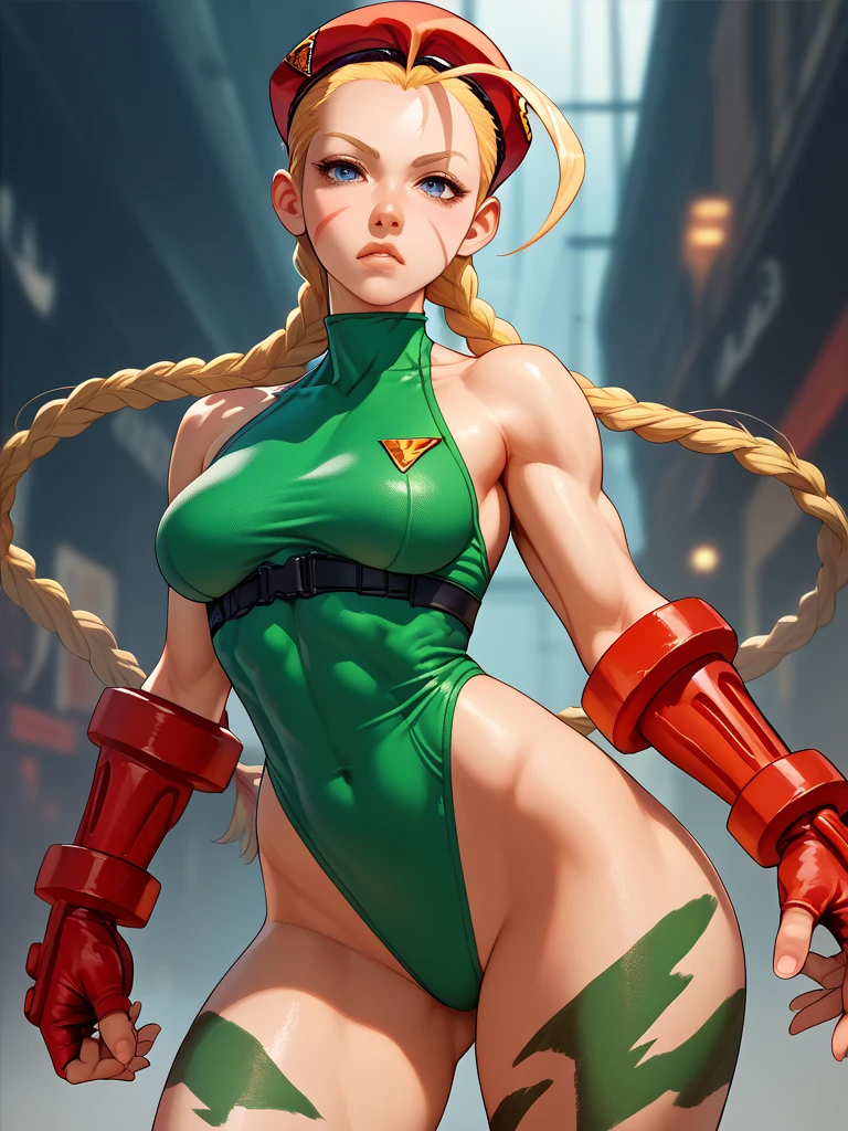 nfsw (((Best Picture Quality: 1.3))), ((Blonde pubic hair that sticks out: 1.3))), Green Leotard, Cammy White, Blush, (Blonde pubic hair: 1.3)