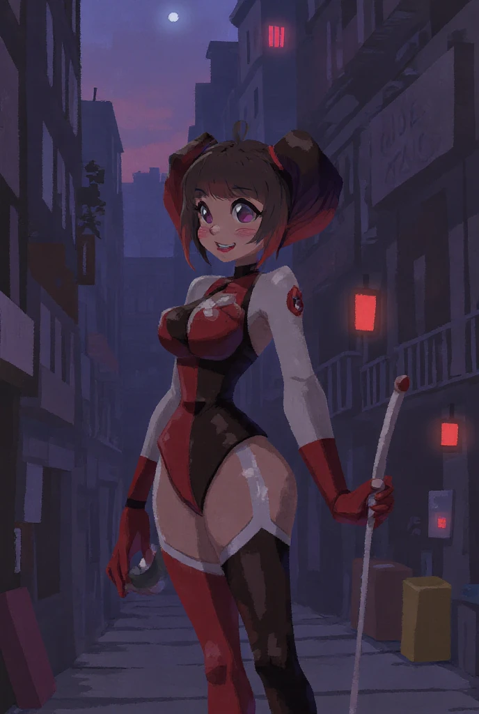 juri han, with red may, long black tights,with red high heels, sexy look,beautiful bright purple eyes, standing looking forward,olhar serio pose sexy,city at night with neom
