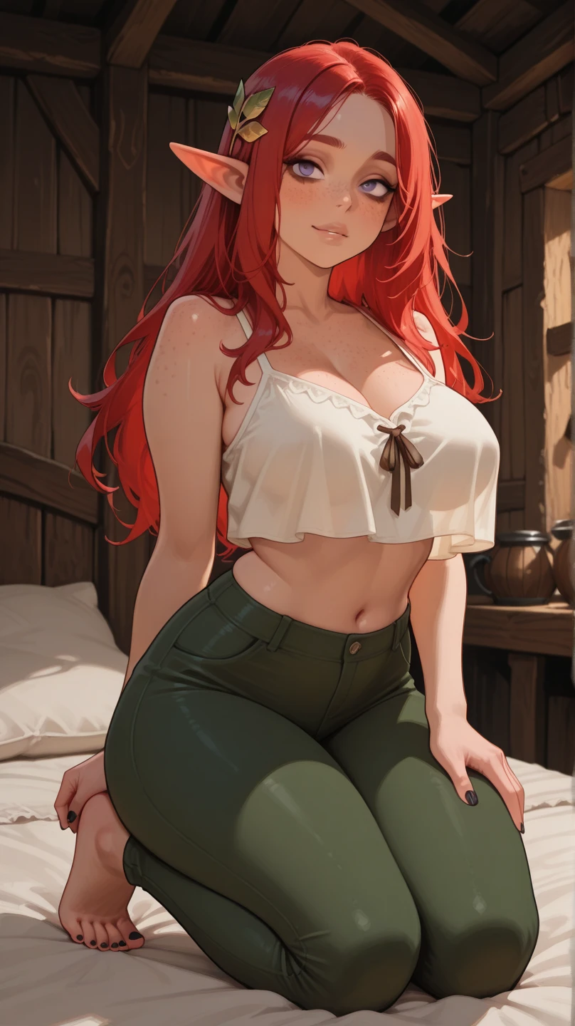 (((absurdres))), (((masterpiece))), (((best quality))), ((ultra-detailed)), ultra high quality, realistic, (real picture, intricate details, depth of field), (1girl, solo), make up, parted lips, highly-detailed, perfect face, (((mature woman, milf))), (huge breasts, thick thighs, wide hips, attractive waist), (skindentation), tall, glossy lips, ((voluptuous body, toned abdomen)), sexy, blushing, (red hair, blunt bangs, long hair), (beautiful green eyes)), ((crop top, off shoulder, denim pants, panty strings))