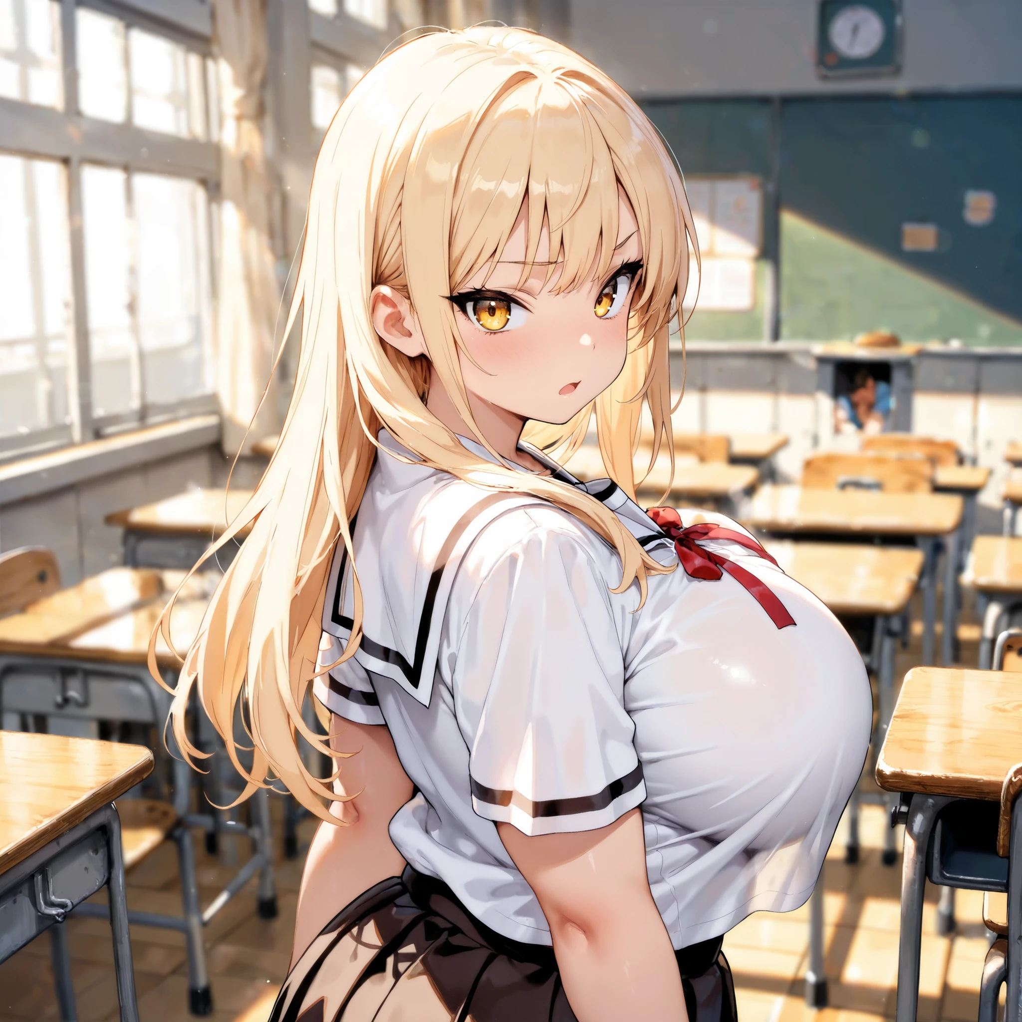 1 girls, (detailed light blue eyes, lange wimpern, detailed beautiful face:1.2), 4k quality, (Long blonde hair:1.5), (arms behind back:1.4), (big breasts:1.5), (blushing:1.3), (long hair, Hair in the face, high ponytail, zwei Strähnen vorne in Haaren:1.4), (black skirt, White shirt with a black necktie, school girl:1.7), (bondage, shibari over clothes:1.3), pralle Brüste, OTN, White Gag, gagged, (standing:1.7), (standing in a big classroom with big windows and a Sunny beach view:1.6)